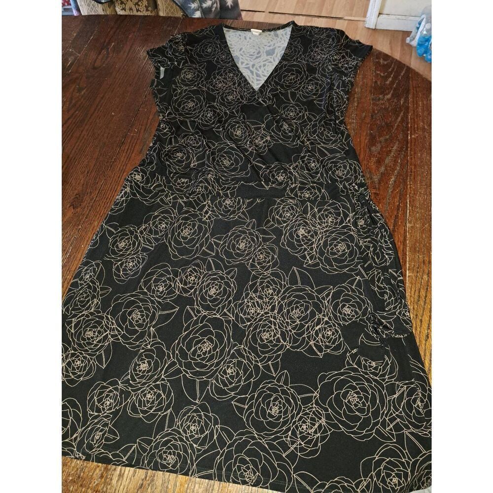XL Merona Black w/ Brown Floral Short Sleeve Deep VNeck Tie Waist Midi Dress